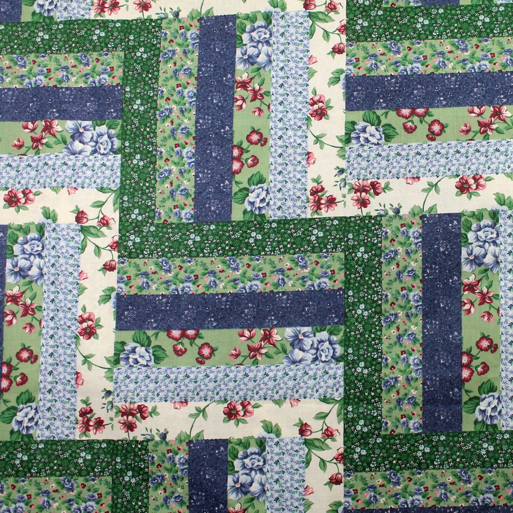 Log Cabin Navy 90" x 36" Cheater Quilt Top Print Quilting Fabric Supplier