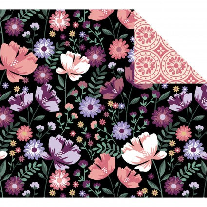 Double Faced Quilt Black Floral Pre-quilted