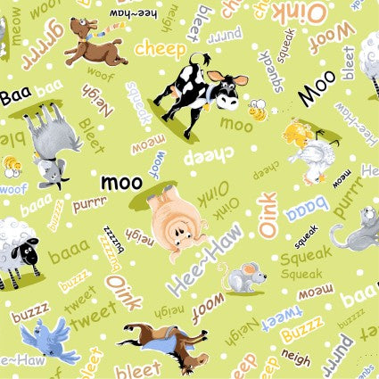 Susybee Barnyard Blues Green Animal Toss Fabric BTY