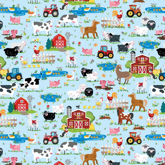 Farm Life Scenic Blue Barnyard Rules Fabric 14373-55