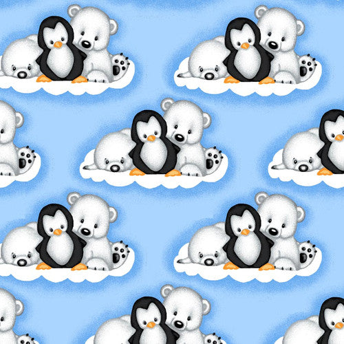 Comfy Flannel Blue Polar Bear, Penguin, & Seal Fabric N-1055-11 BTY