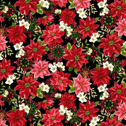 'Tis the Season Poinsettas & Snowflakes Fabric
