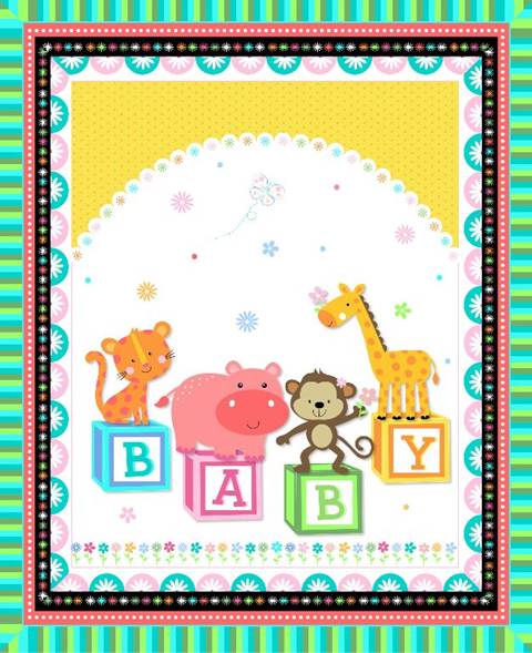 Animal Baby Blocks Quilt Top Panel 02