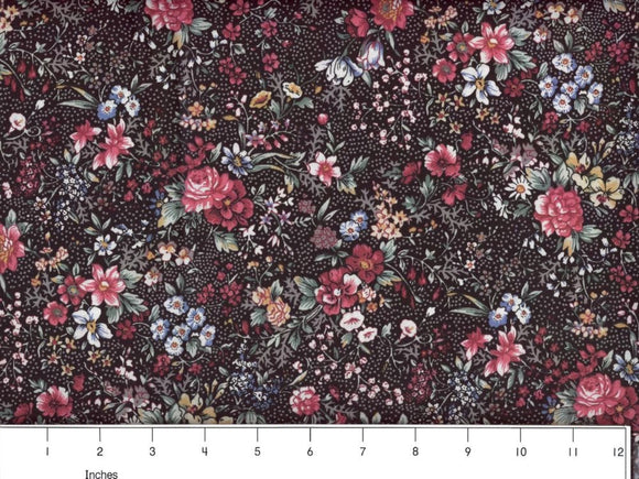 Country Floral 09 Black Cotton Fabric BTY