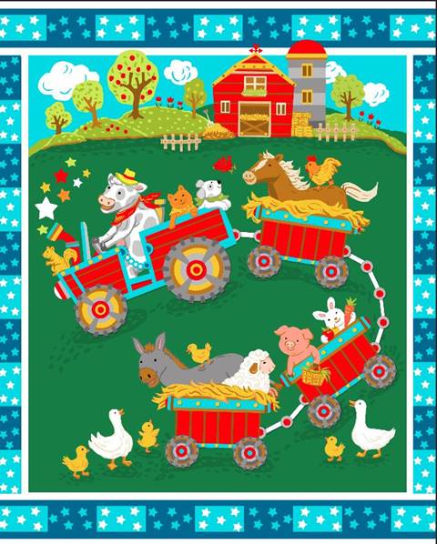 Farm Animal Tractor Train Quilt Top Panel 15