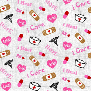 Nurses - I Care I Heal - Hometown Heroes - Grey Print Fabric 10302 BTY