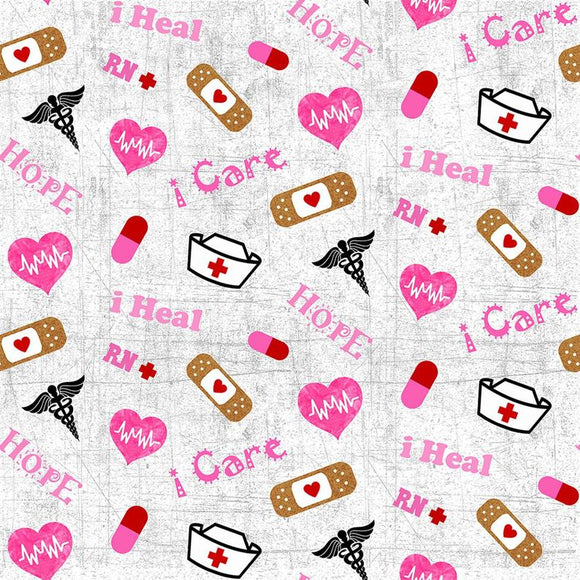 Nurses - I Care I Heal - Hometown Heroes - Grey Print Fabric 10302 BTY