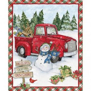 Red Truck Ski Snowmen Christmas Panel